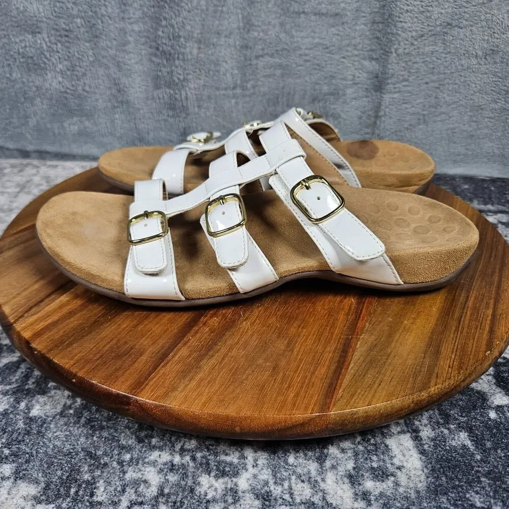 Vionic Misa Slide Sandals White Patent Leather Size 7 Adjustable Straps Buckle